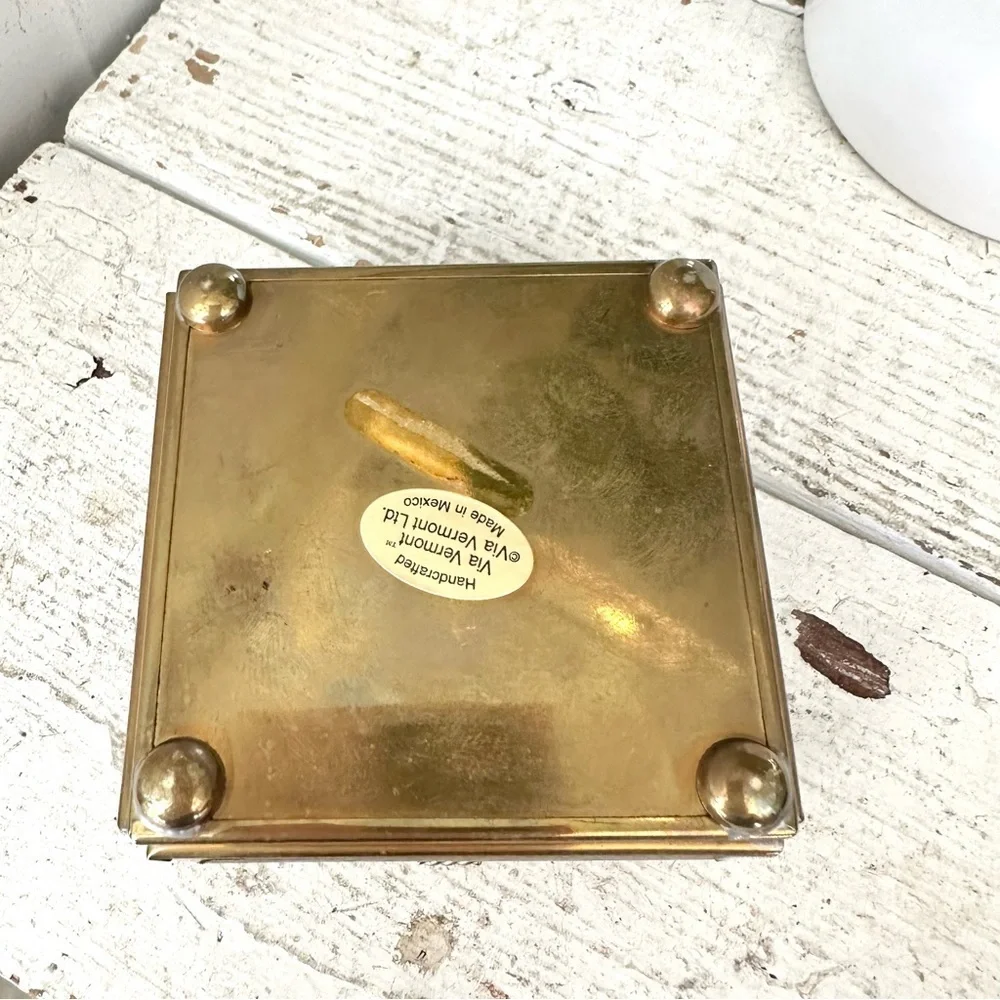 3/$22🩶 Vintage Angels Via Vermont Glass Brass Trinket Jewelry Box Mirror